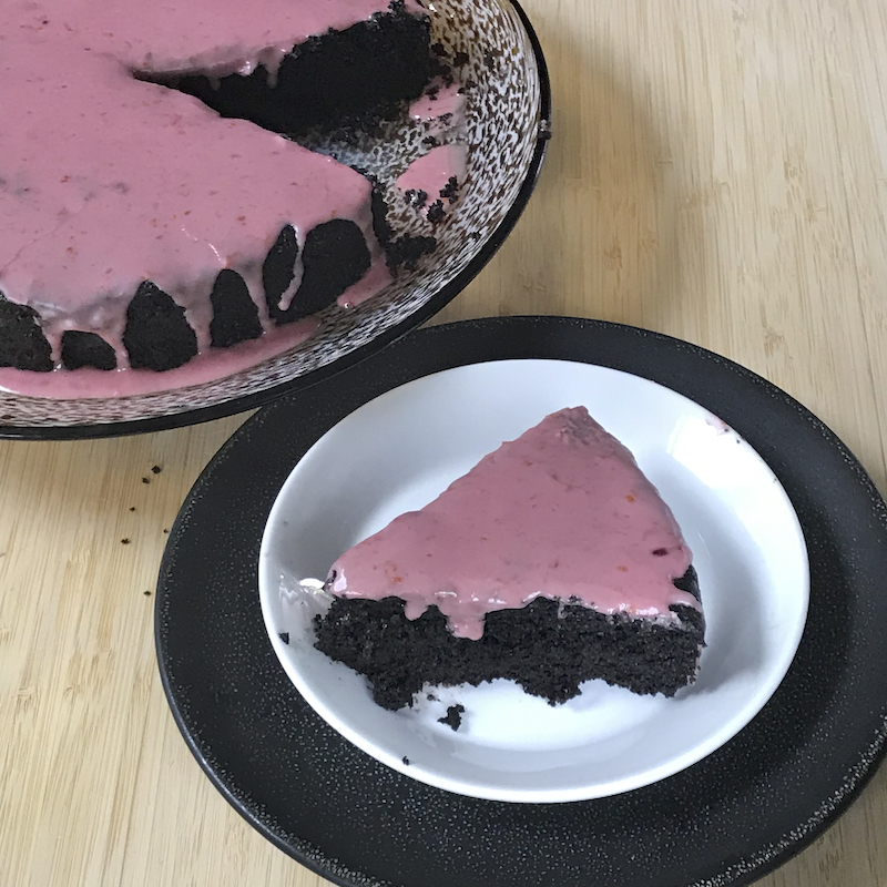 dark chocolate cake with pink glazw