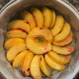 Peaches arrayed in a cake pan